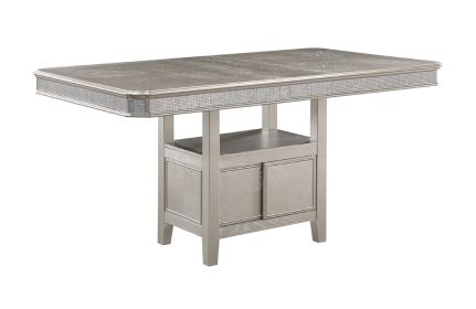 Modern Glam 1pc Counter Height Dining Table Silver Champagne Gray Finish 12" Extension Leaf One Pedestal Shelf with Sparkling Accents Casual Dini