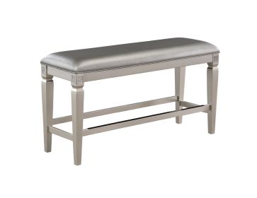1-Pc Modern Glam Counter Height Bench Upholstered Seat Sparkling Embellishments Silver Champagne Gray Finish Furniture Bedroom Living Room Dining