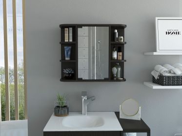 Milan Medicine Cabinet; Six External Shelves Mirror; Three Internal Shelves -Black
