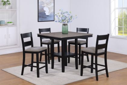 Rustic Farmhouse 5-Pc Counter Height Dining Set Square Table Wood Top Bottom Display Shelf Linen Look Fabric Upholstery Chair Wooden Dining Room