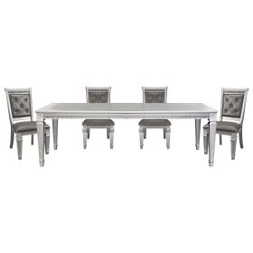 Silver Finish 5pc Dining Set Table w Leaf and 4x Side Chairs Modern Glam Style Crystal-Tufted Chairs Upholstered Seat Wooden Dining Room Furnitur