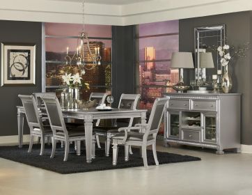 Silver Finish 7pc Dining Set Table w Leaf 2x Armchairs 4x Side Chairs Modern Glam Style Crystal-Tufted Chairs Upholstered Seat Wooden Dining Room
