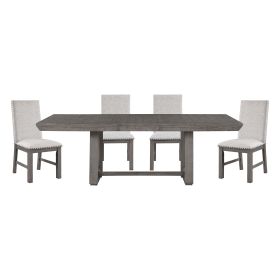 Rustic Design Dining Table 5pc Set Gray Finish Table w Extension leaf and 4x Fabric Upholstered Side Chairs Modern Dining Room Furniture