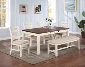 Luxury Look Dining Room Furniture 6pc Dining Set Dining Table w Drawers 4x Side Chairs 1x Bench White Rubberwood Walnut Acacia Veneer Ladder Back