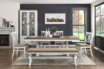 Modern Style White and Oak Finish 6pc Dining Set Table w Extension Leaf Bench 4x Side Chairs x-back Design Charming Traditional Dining Room Furni