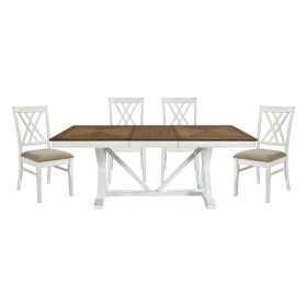 Modern Style White and Oak Finish 5pc Dining Set Table w Extension Leaf 4x Side Chairs Upholstered Seat Charming Traditional Dining Room Furnitur