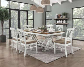 Modern Style White and Oak Finish 7pc Dining Set Table w Extension Leaf 6x Side Chairs Upholstered Seat Charming Traditional Dining Room Furnitur