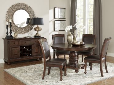 Elegant Design 5pc Dining Set Brown Cherry Finish Pedestal Base Table and 4x Side Chairs Faux Leather Upholstered Traditional Dining Room Furnitu