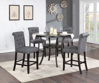 Dining Room Furniture Natural Wood Round Dining Table 4x High Chairs Charcoal Fabric Tufted Roll Back Top Chair Storage Shelve 5pc Counter Height