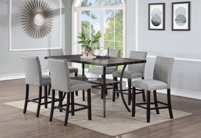 Modern Classic Dining Room Furniture Natural Wooden Dining Table 6x High Chairs Gray Fabric Nail heads Trim Storage Shelve 7pc Counter Height Din