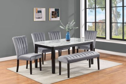6-Piece Contemporary Dining Set Rectangular Faux Marble Table Top Black Finish Upholstered Chairs Bench Channel Tufting Wooden Solid Wood Dining