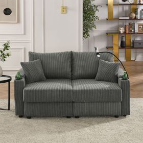 Modern Loveseat Sofa Chair with Storage, Deep Seat Sofa with Cup Holders & Phone Holder Charging Ports, Beige Corduroy Couch for Living Room,Grey